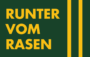 Grafik mit gelbem Schriftzug „Runter vom Rasen“ auf dunkelgrünem Hintergrund mit Streifen.